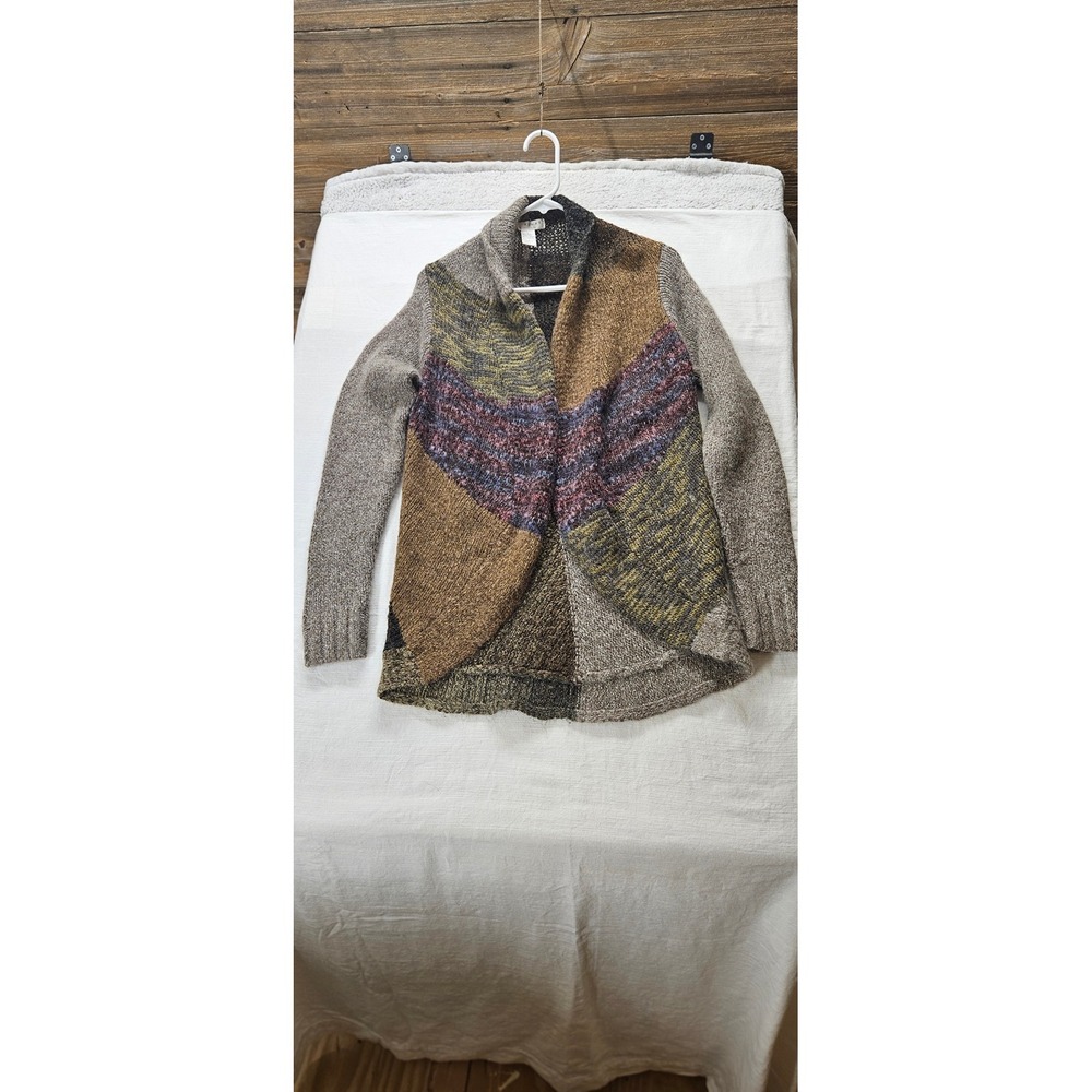 Kenar Womens Large Patchwork Open Front Cardigan Sweater Wool Alpaca Blend Brown